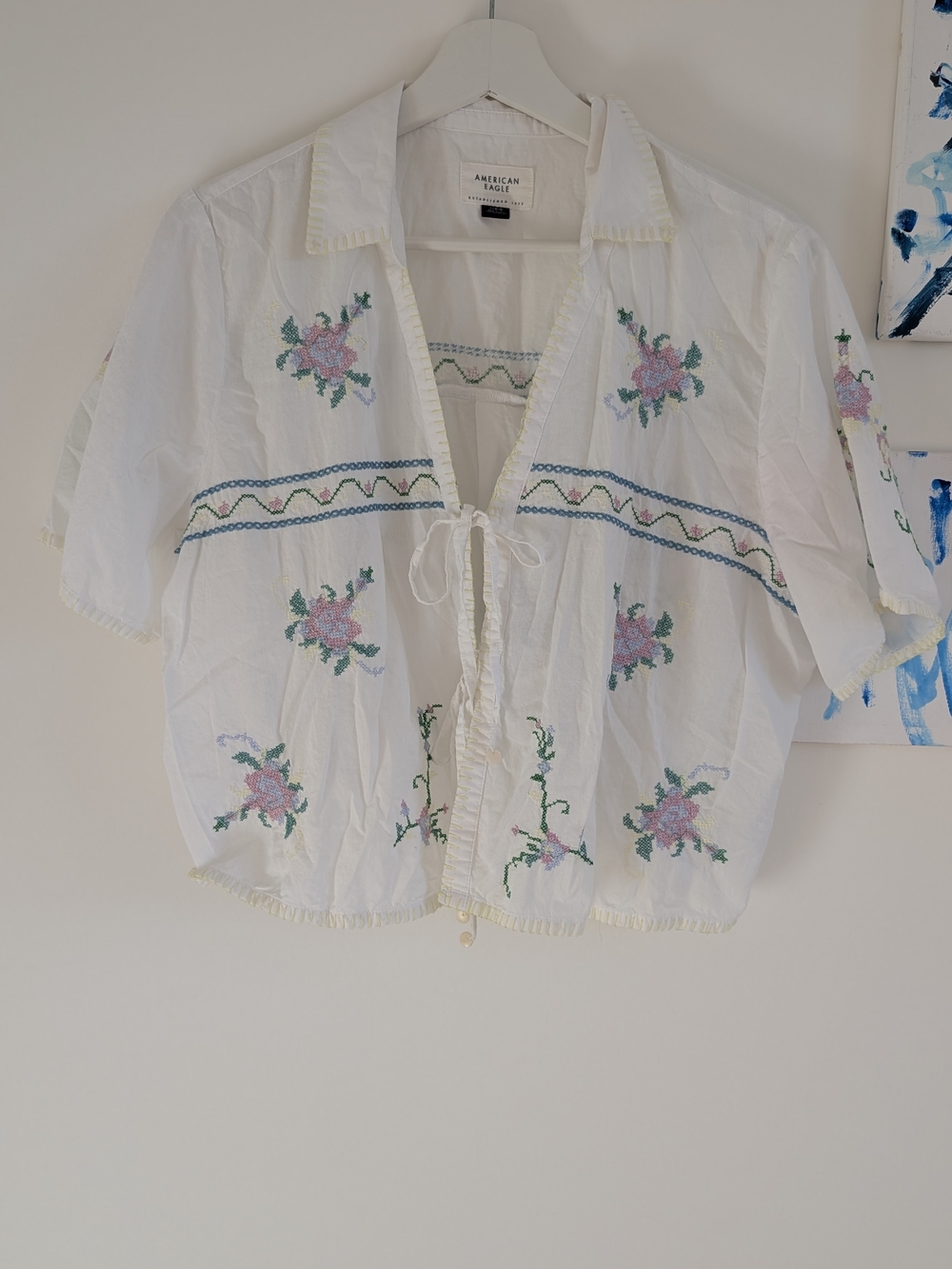 AE Collared Tie Front Embroidered Shirt.